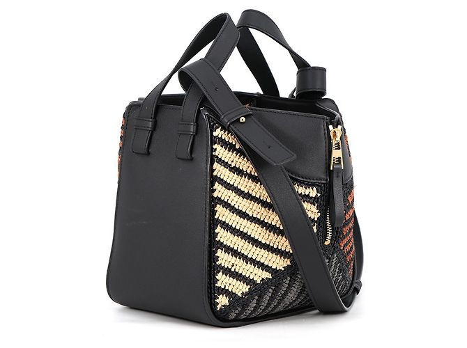 Borsa Loewe Hammock Compact in pelle e rafia Nero Arancione - vista 2