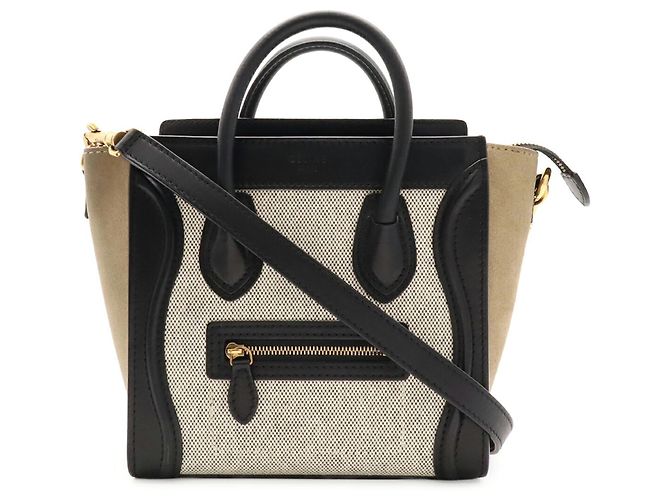 Céline Borsa Celine Luggage Nano Shopper Nero Bianco Beige Cachi - vista 2