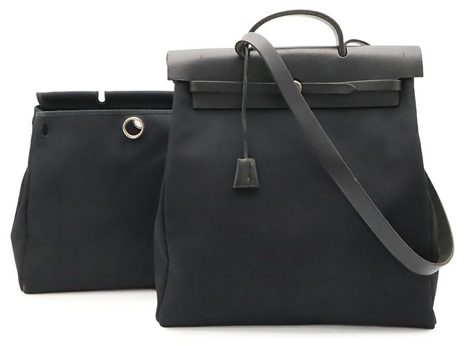 Hermès Borsa Hermes Herbag MM in Toile Officier e pelle nera Nero - vista 2