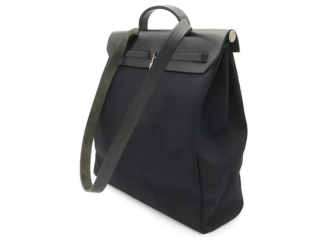 Hermès Borsa Hermes Herbag MM in Toile Officier e pelle nera Nero - vista 3