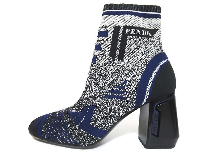 Prada Strickknöchelstiefel Schwarz Weiß Blau - Ansicht 2