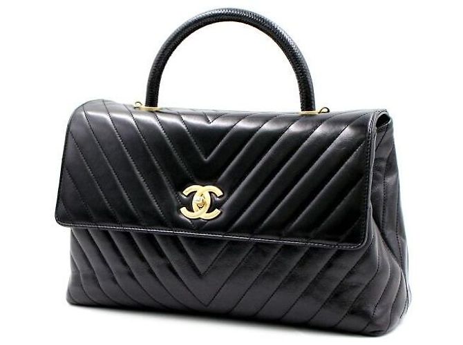 Chanel Chevron Coco Handle Gold Große Tote Schultertasche Schwarz - Ansicht 4