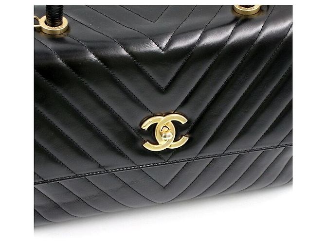 Chanel Chevron Coco Handle Gold Große Tote Schultertasche Schwarz - Ansicht 5