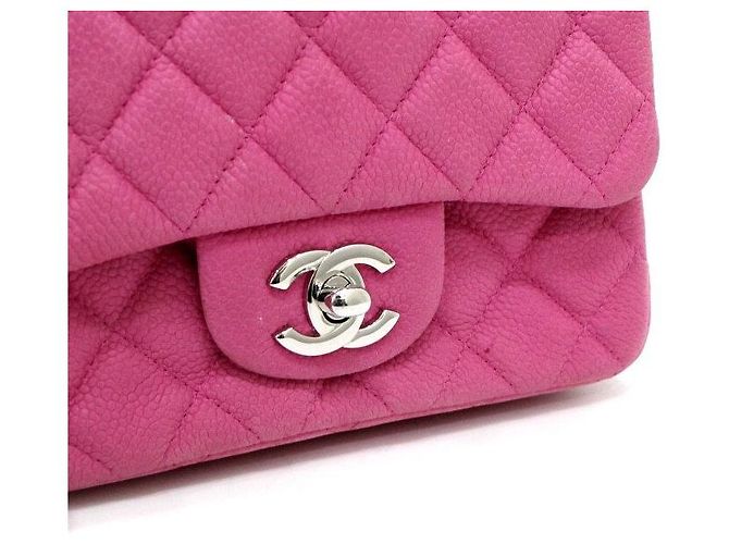 Chanel Mini Bolsa Caviar Petite Sac Classic Flap com Corrente Prateada Rosa - vista 10