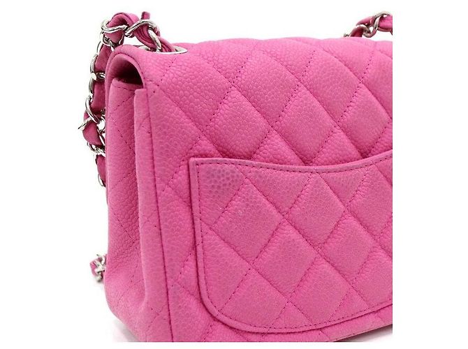 Chanel Mini Bolsa Caviar Petite Sac Classic Flap com Corrente Prateada Rosa - vista 11