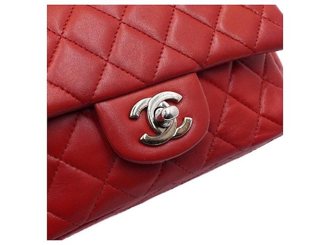 Chanel Borsa a tracolla e crossbody Mini Classic Flap in agnello rosso con catena argentata - vista 9