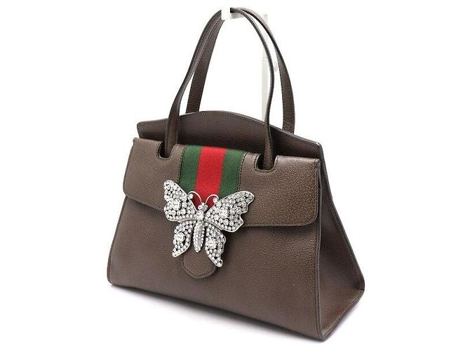Gucci Borsa Tote e Borsa a Spalla a Tracolla in Pelle Marrone con Farfalla di Cristallo e Manico Superiore - vista 2