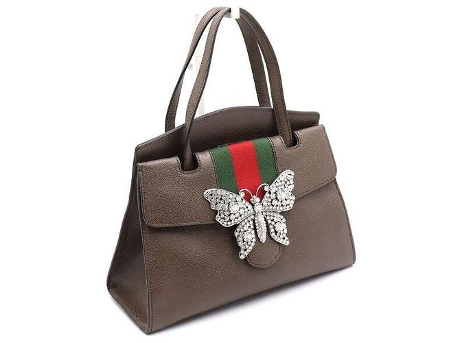 Gucci Borsa Tote e Borsa a Spalla a Tracolla in Pelle Marrone con Farfalla di Cristallo e Manico Superiore - vista 3