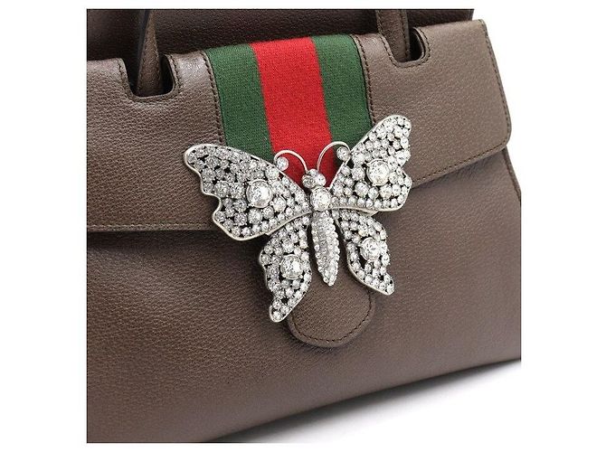 Gucci Borsa Tote e Borsa a Spalla a Tracolla in Pelle Marrone con Farfalla di Cristallo e Manico Superiore - vista 4