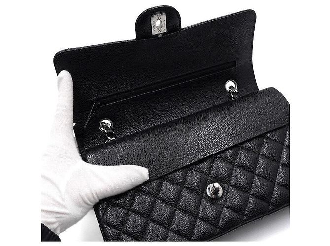 Chanel Borsa a tracolla Black Caviar Classic Medium con catena argentata Nero - vista 9