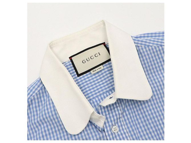 Gucci Camisa unissex de algodão com listras e xadrez azul - vista 5