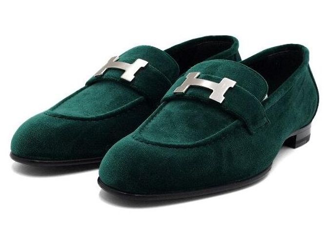 Hermès Mocassini Green Velvet Logo Paris da donna Verde - vista 3