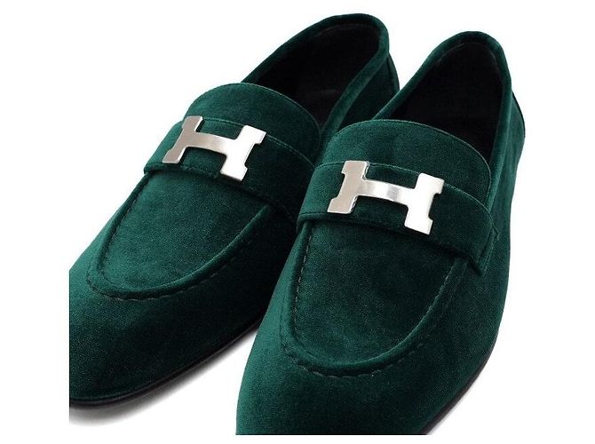 Hermès Mocassini Green Velvet Logo Paris da donna Verde - vista 5