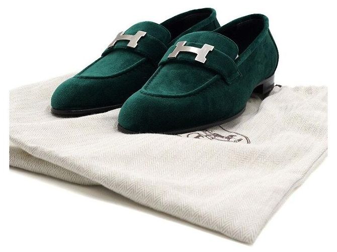 Hermès Mocassini Green Velvet Logo Paris da donna Verde - vista 7