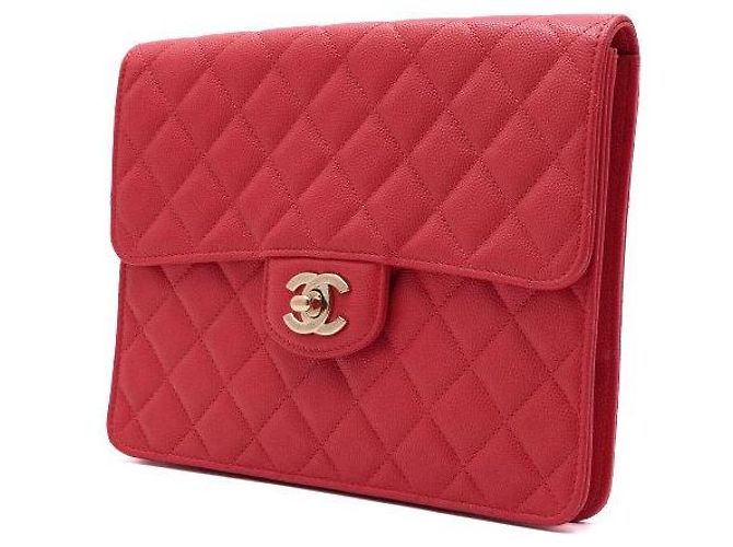 Chanel Clutch da donna in caviar rosso con logo CC dorato - vista 2