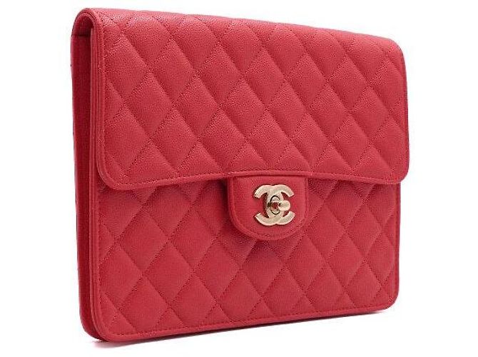 Chanel Clutch da donna in caviar rosso con logo CC dorato - vista 3