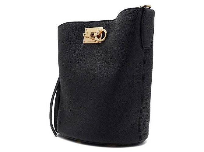 Salvatore Ferragamo Borsa a secchiello Studio in pelle granulata nera, borsa a tracolla Nero - vista 2