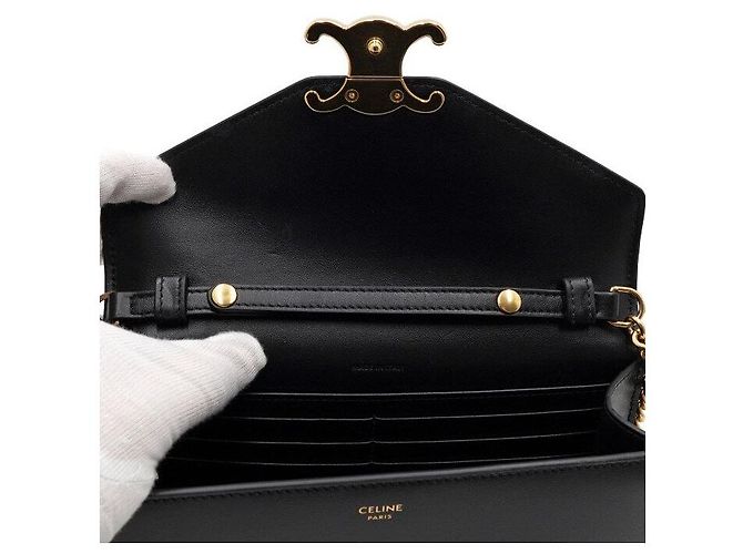 Céline Borsa a tracolla Triofee Margot in pelle di vitello nera lucida con catena dorata Nero - vista 7