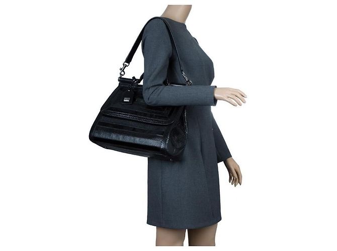 Dolce & Gabbana Dolce and Gabbana Python/Iguana Embossed Leather Large Miss Sicily Top Handle Bag Black - view 12