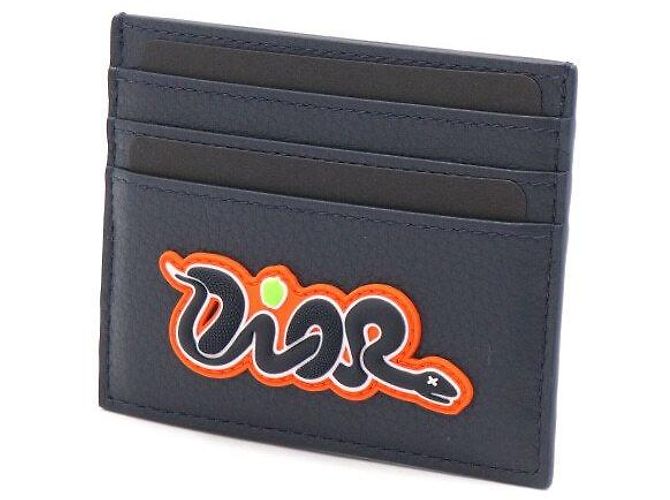 Dior Navy Blue Grain Leather Card Wallet with KAWS Snake Patch - view 2