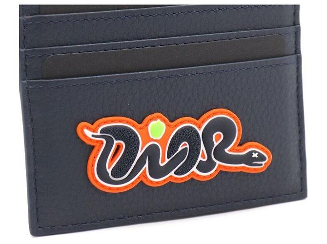 Dior Navy Blue Grain Leather Card Wallet with KAWS Snake Patch - view 4