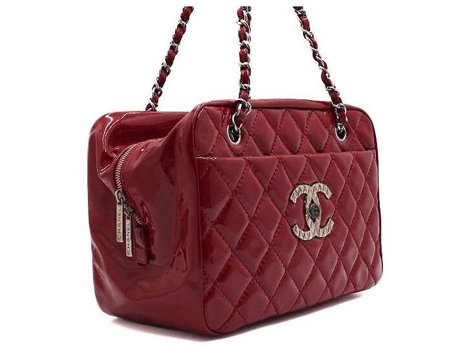 Chanel Rote Mademoiselle Bowling Bag aus Lackleder mit Silberkette - Ansicht 3