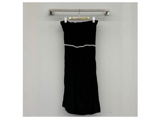 Chanel Vestido palabra de honor con adornos de perlas negras Castaño - vista 6
