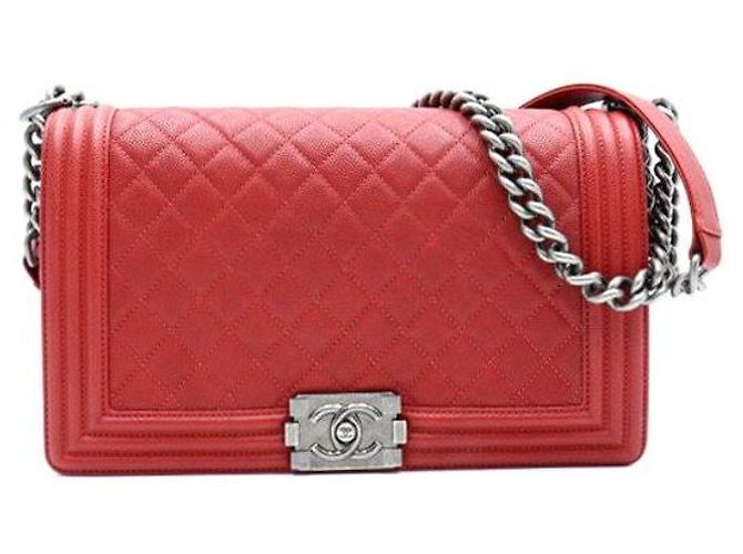 Chanel Boy Caviar Large Silver Chain Schultertasche Rot - Ansicht 2