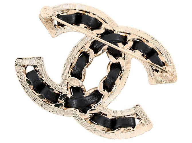 Spilla Chanel oro con strass e pelle D'oro - vista 3