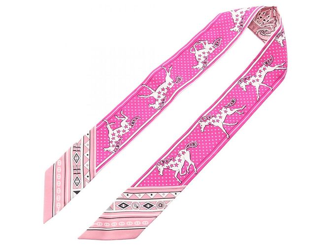 Hermès Hermes Twilly Cheval de Coeur Bandana Scarf Rosa Bianco - vista 3