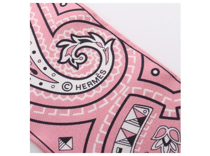 Hermès Hermes Twilly Cheval de Coeur Bandana Scarf Rosa Bianco - vista 4