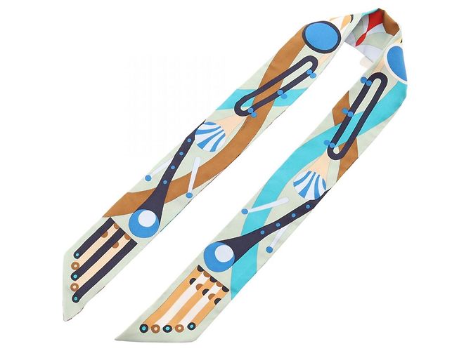 Hermès Hermes Twilly Parade en Fanfare Ribbon Scarf Blu Multicolore Verde - vista 3