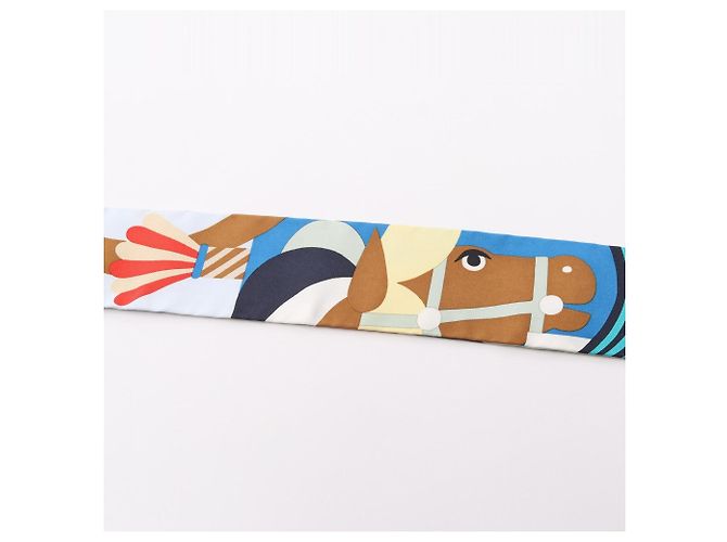 Hermès Hermes Twilly Parade en Fanfare Ribbon Scarf Blu Multicolore Verde - vista 6