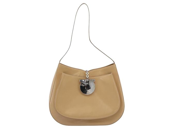 Borsa a Spalla Salvatore Ferragamo Gancini in Pelle Vernice Beige Argento Auth 195268 - vista 2