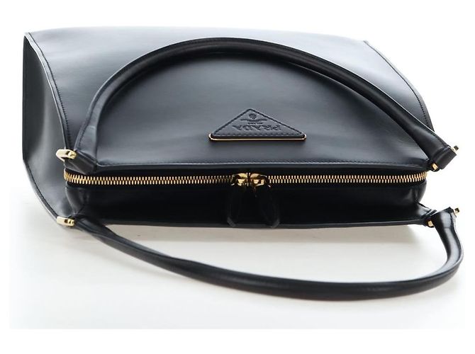 PRADA Schultertasche aus Leder Schwarz Gold Auth 190350V Golden - Ansicht 7