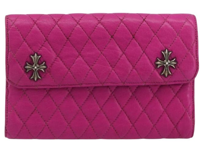 Cartera larga acolchada Chrome Hearts Wave 4 3-Snap de cuero rosa Auth 193426SM Plata - vista 2