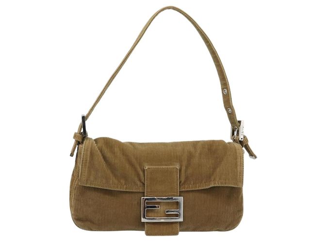 Borsa a tracolla FENDI Mamma Baguette in velluto a coste beige argento Auth 193421V - vista 2