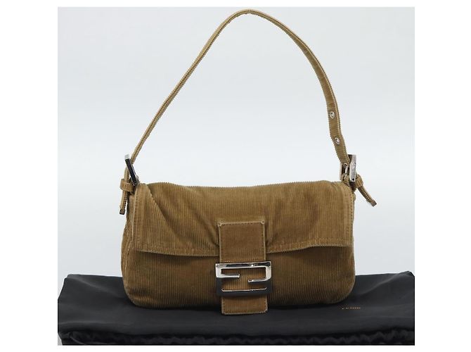 Borsa a tracolla FENDI Mamma Baguette in velluto a coste beige argento Auth 193421V - vista 23