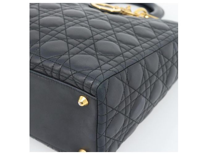 Borsa Christian Dior Lady Dior Canage in pelle di agnello nera e oro Auth 194778V Nero D'oro - vista 10