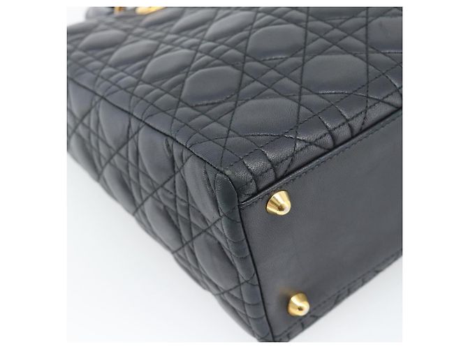 Borsa Christian Dior Lady Dior Canage in pelle di agnello nera e oro Auth 194778V Nero D'oro - vista 13