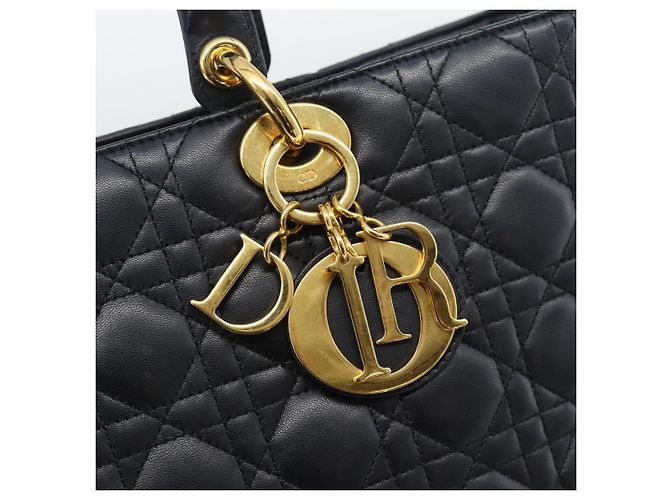 Borsa Christian Dior Lady Dior Canage in pelle di agnello nera e oro Auth 194778V Nero D'oro - vista 14