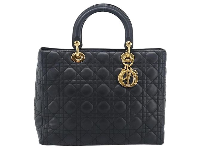 Borsa Christian Dior Lady Dior Canage in pelle di agnello nera e oro Auth 194778V Nero D'oro - vista 2