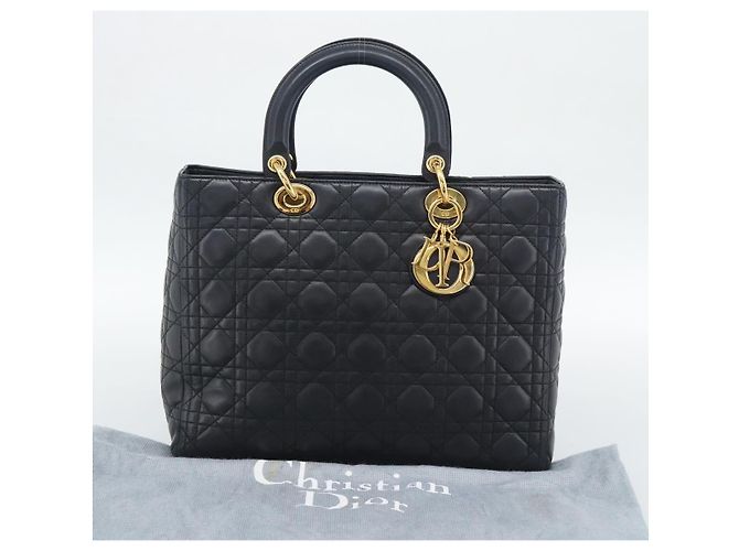Borsa Christian Dior Lady Dior Canage in pelle di agnello nera e oro Auth 194778V Nero D'oro - vista 24