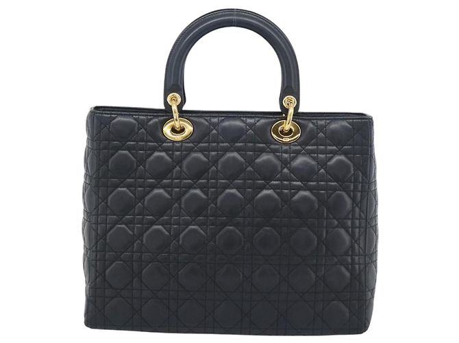 Borsa Christian Dior Lady Dior Canage in pelle di agnello nera e oro Auth 194778V Nero D'oro - vista 3
