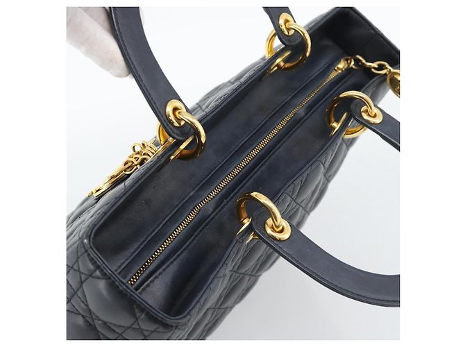 Borsa Christian Dior Lady Dior Canage in pelle di agnello nera e oro Auth 194778V Nero D'oro - vista 6