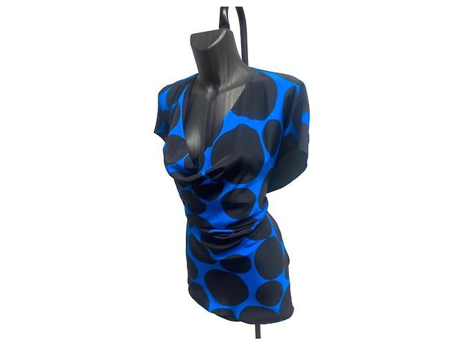 Vestido de seda com gola drapeada e bolinhas azul e preto Gucci FW2009 por Frida Giannini - vista 3