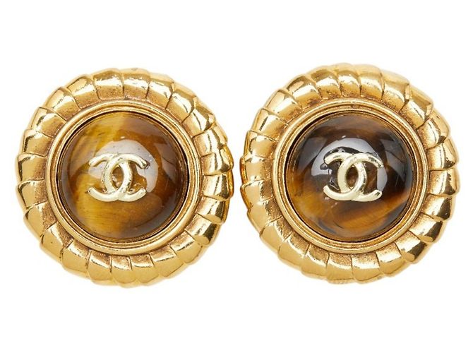 Orecchini a clip rotondi Vintage Chanel Coco Mark Marrone D'oro - vista 2