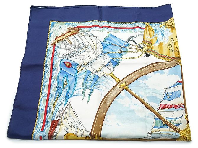 Sciarpa in seta vintage Hermès Blu Vive le Vent 1992 Toutsy Bourthoumieux - vista 2