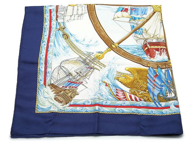 Sciarpa in seta vintage Hermès Blu Vive le Vent 1992 Toutsy Bourthoumieux - vista 3