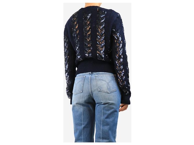 Emilio Pucci Navy-farbener Strickpullover mit Zopfmuster und Pailletten - Größe M Marineblau - Ansicht 2